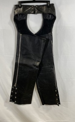 Vintage Genus Black Leather Motorcycle Biker Chaps Braided Adjustable Size S