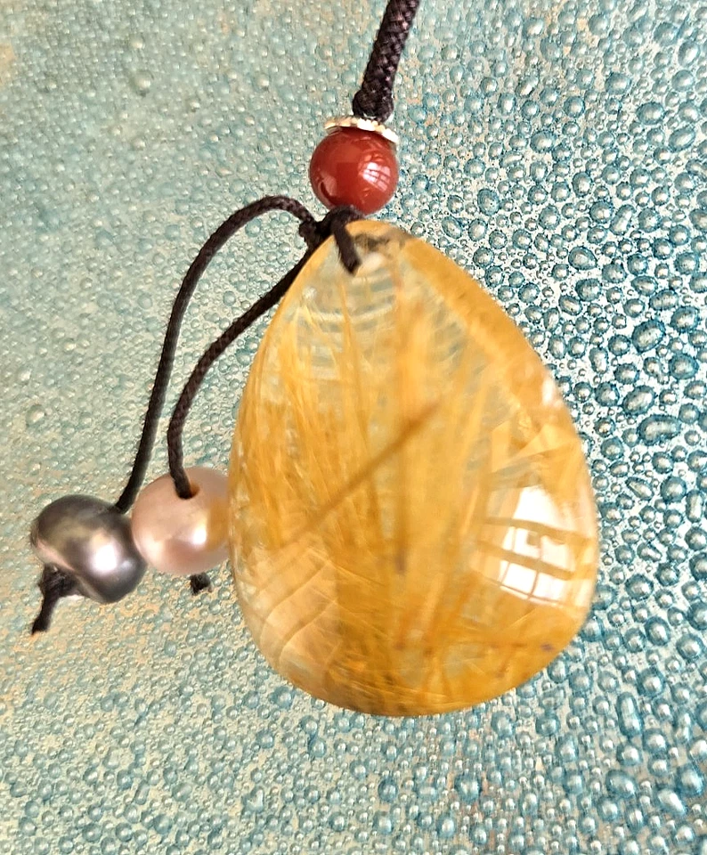 Natural AAA TITANIUM RUTILATED Quartz PEAR Crystal POLISHED  Necklace w/2 Pearls - Image 2 of 4