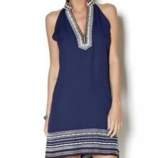 THML Anthropologie Chana Navy Blue Halter Dress Women Size XXL Embroidered Hem