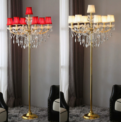 European style 7 Heads Crystal Floor Light Standing Lamp Red Beige Lampshade