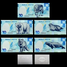 5pcs World Arctic $10 Silver Foil Banknotes Set: Wolf, Bear, Seal, Fox, Whale