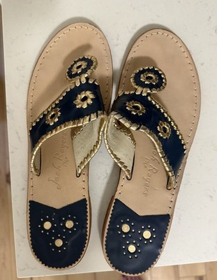 Jack Rogers Navy/Gold/Beige Leather Thong Slip-On Sandals Medallion 7