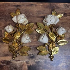 PAIR Vtg Syroco 4138 Hollywood Regency Gold White Roses Wall Candle Sconce 15”