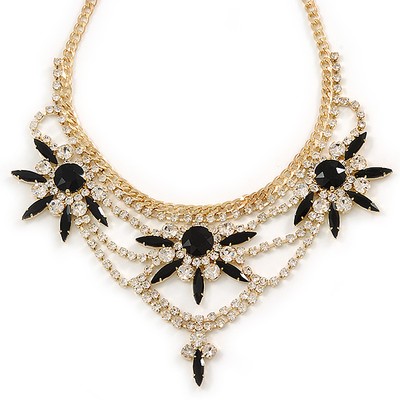 Statement Halskette schwarz/klar Kristall Stein Blume verziert in Gold