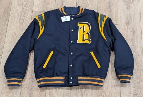 $2855 Mens RHUDE "American Spirit Lightning" Bomber Jacket Navy/Mustard Large - product listing photo