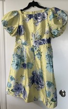 eShakti Yellow Blue Floral Puff Sleeve Fit & Flare Midi Dress Size L 14 EUC