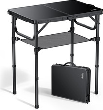 2Ft Folding Camping Table with Storage Net, 3 Adjustable Heights Small Folding T
