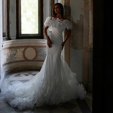 Elegant Satin Mermaid Wedding Dresses Off Shoulder Lace 3D Flower Bridal Gowns