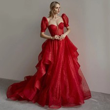 Red Glitter Sweetheart Wedding Dresses Detachable Puff Sleeve RuffleTulle A-Line