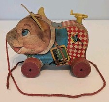 Vintage Fisher Price Pig Pull Toy Wooden Rolling Animal 1950s Working USA