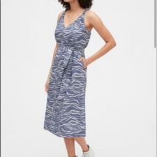 NWOT Gap Linen Cotton V-Neck Blue Zebra Print Tie Waist Midi Dress - Size M