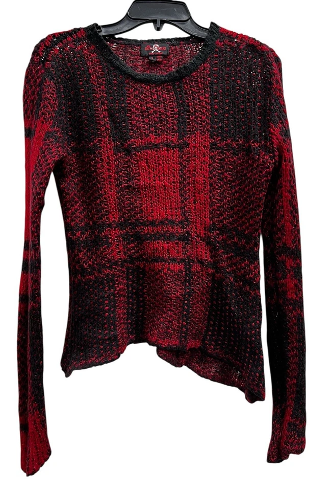 Royal Bones Red Black Tartan plaid Open knit Y2K Sweater VTG Daang Goodman Sz S - Image 2 of 4