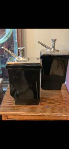 4 VINTAGE BLACK ANTIQUE SODA FOUNTAIN SYRUP PUMP & CERAMIC VESSELS & CONTAINERS - Picture 2 of 11