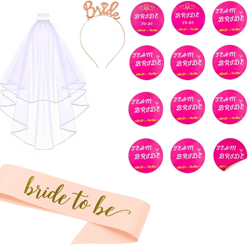 Gadget per Addio Al Nubilato - Set Accessori Sposa Con Diadema BRIDE, Velo, Fasc - Foto 11 di 12