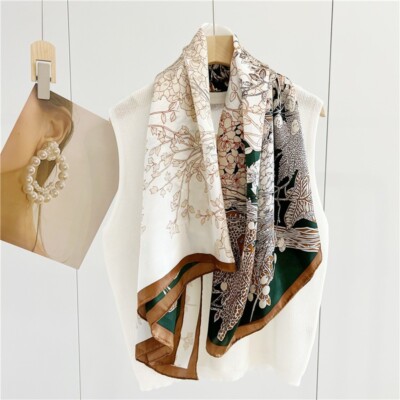Mulberry Silk Wrap Shawl Bandanna Shawl Flowers Print Scarf 43'' Brown/Green