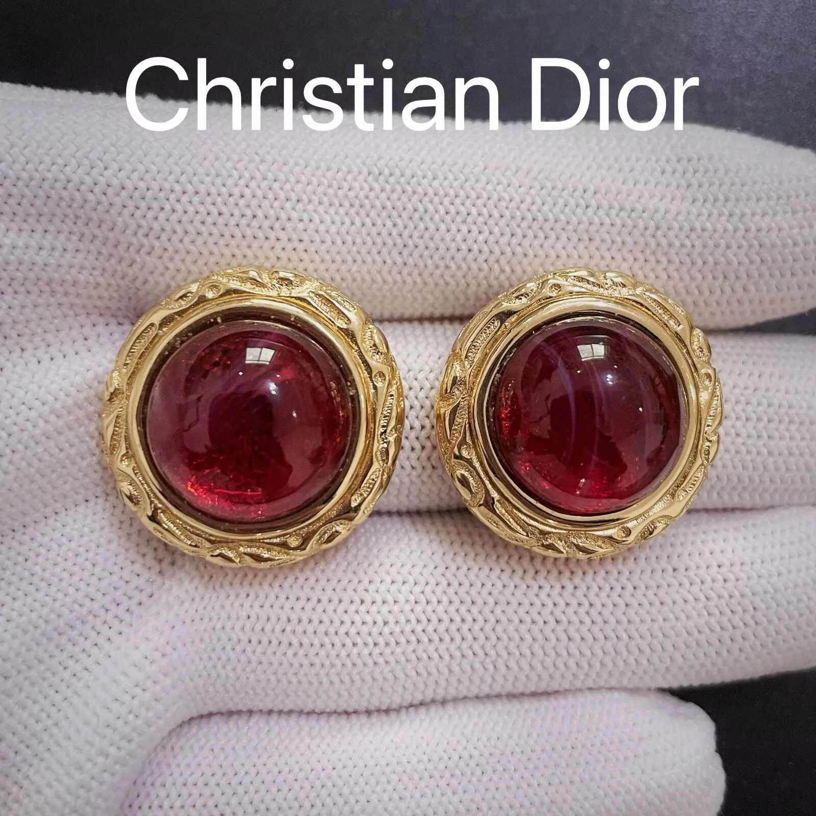 Boucles d'oreilles vintage Christian Dior verre rouge gripoix signées