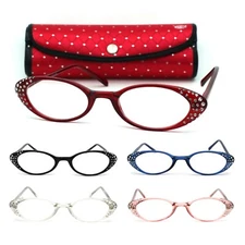 Womens Rhinestone Studded Oval Cat Eye Reading Glasses with Hard Case
