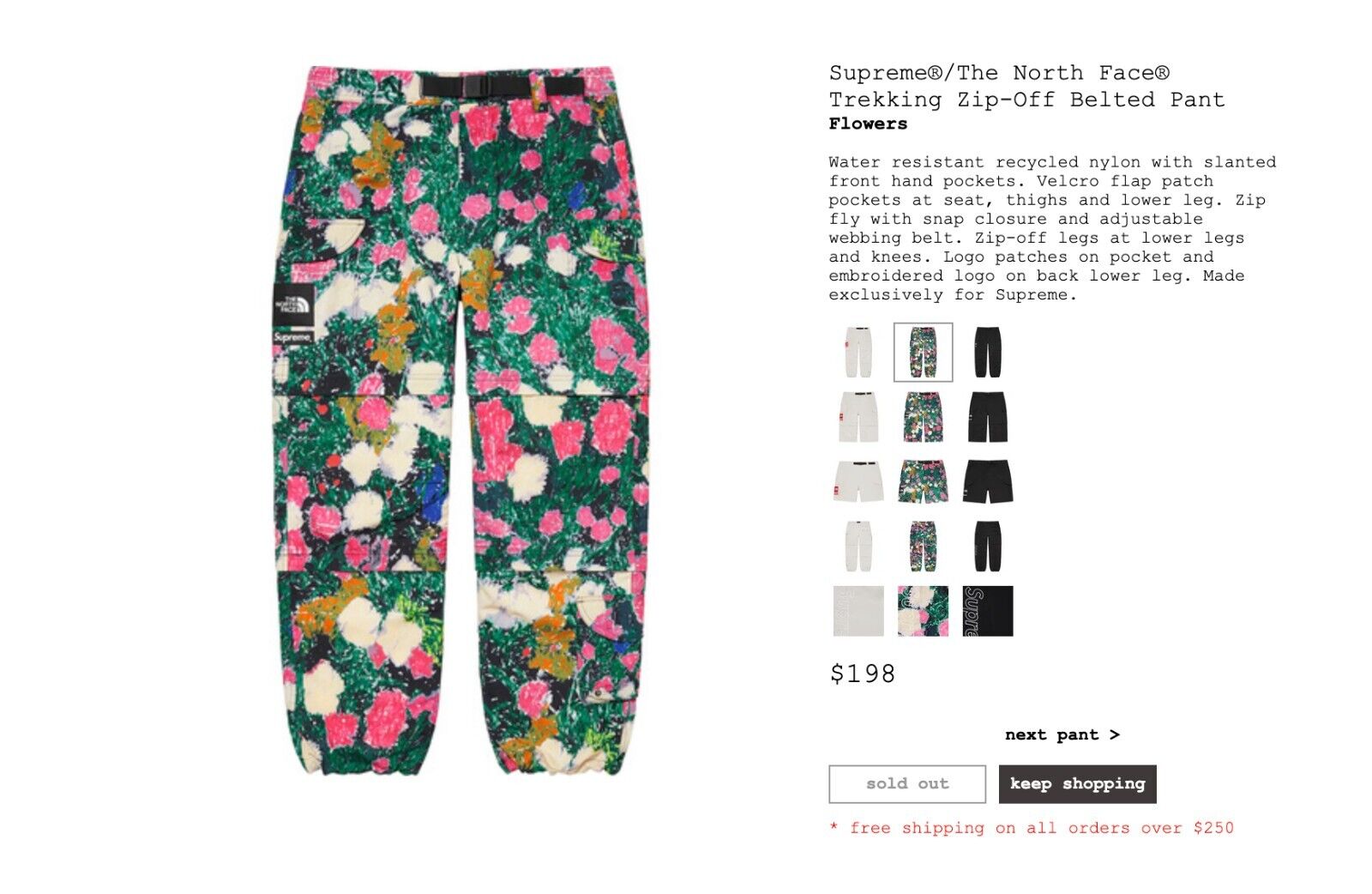 Supreme The North Face Trekking Belted Zip Off Pant Flowers XL *ORDER  CONFIRMED*