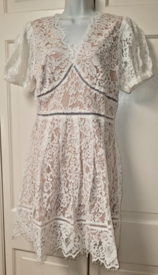 Skies Are Blue Dress Medium White Lace Overlay Nude Lined Fit Flare Dressy  New | eBay
