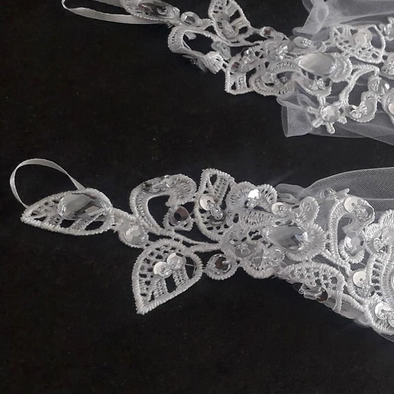 Braut Hochzeit Kleid Handschuhe Strass Lang Spitze Fingerlose Tanz Stütze - Bild 3 von 4