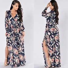 Fashion Nova Brunch Date Maxi Dress in Navy Floral Peacock Print Size S