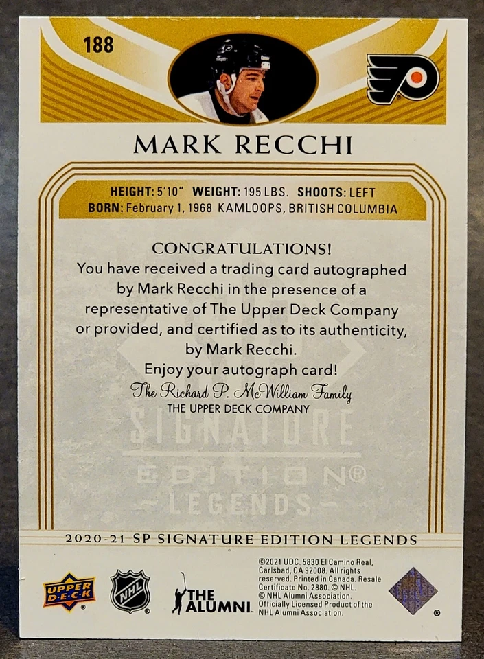 2020-21 SP Signature Edition Legends Gold Spectrum Foil #188 Mark Recchi - Image 2 of 2