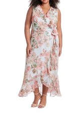 NWT London Times Floral PrintVisit Surplice V-Neck Ruffled Hem Faux Sz 16