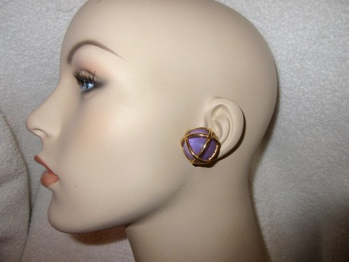 Italy Gold Plated Purple Cabochon Clip Earrings Vintage Amethyst Glass --Superb! - Picture 7 of 12