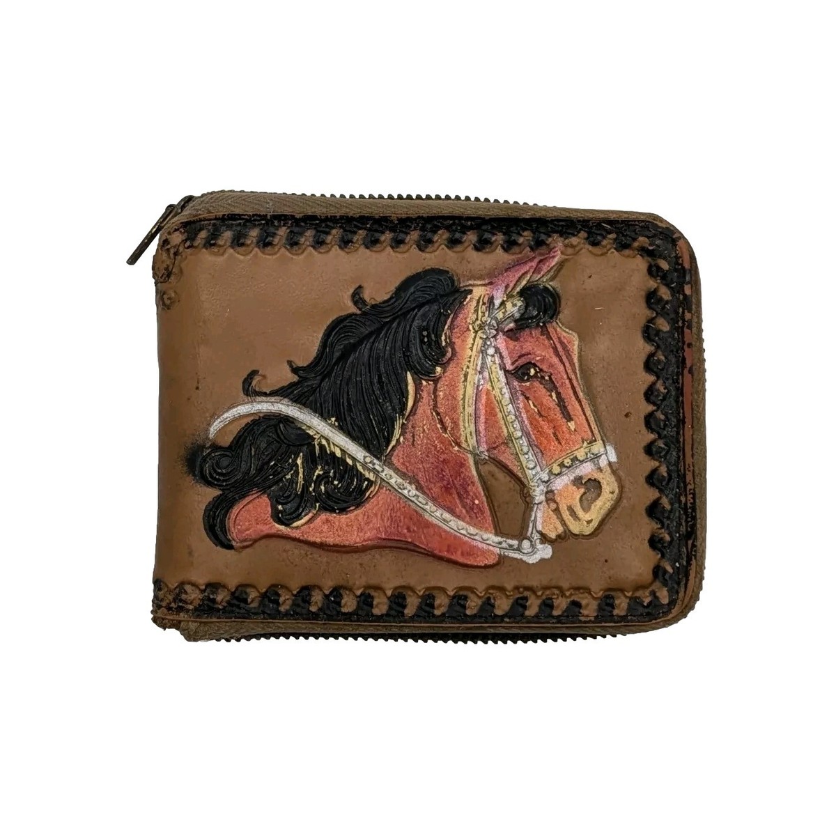 Vintage Genuine Leather Horse Wallet Surrounded Zipper Closure