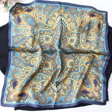 100 Silk Scarf Women Vintage Blue Paisley Kerchief Small Square Bandana 53 53cm