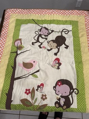 Glenna Jean Girls Monkey Nursery Bedding Set Pink Green Yellow Brown White