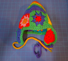 1980's Vintage Toddler Hat Hand Knit Wool Winter Beanie Stitching Rainbow Floral