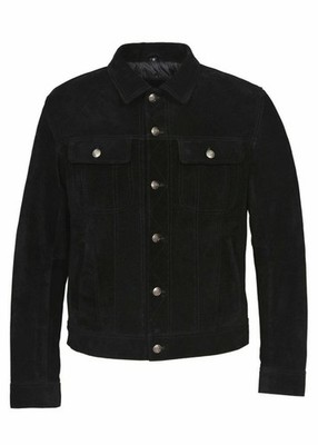 Black Trucker Real Suede Leather Jacket For Men