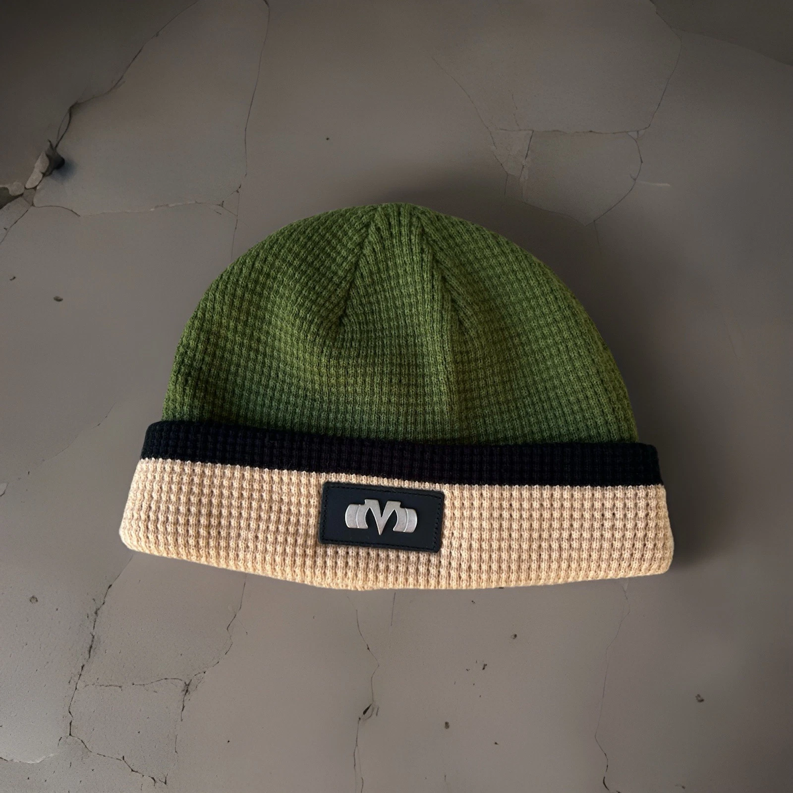 M-Gridlock Waffle Knit Beanie Contrast Cuff Faux Leather Patch Army/Sand
