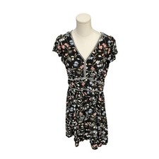 Loft Floral Stitched Trim Flutter Sleeve V-Neck Mini Dress Size 12 Large