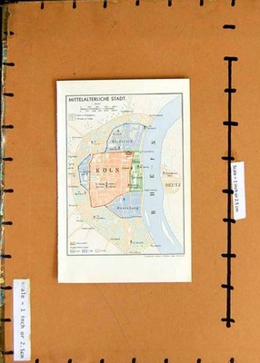 Original Old Vintage Print Map 1961 Germany Colour Plan Koln Mittelalterliche