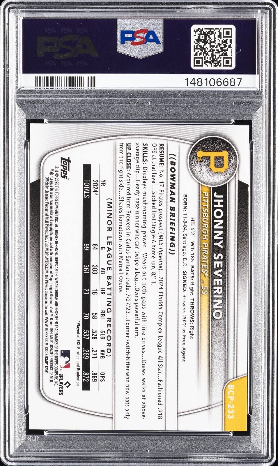 2025 BOWMAN CHROME SAPPHIRE EDITION PROSPECTS GOLD JHONNY SEVERINO 39/50 PSA 9 view 2