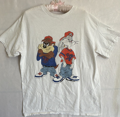 Looney Tunes Men's White Cotton Graphic T-Shirt Bugs Bunny Taz Crew Neck L