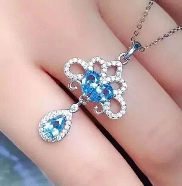 3Ct Pear Cut Simulated Blue Topaz Women's Pendant Chain In 14k White Gold Plated - Image 4 of 4