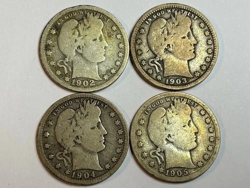 Set of 4 Barber Quarters, 1902, 1903, 1904, 1905 *ungraded*