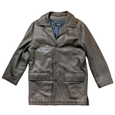 Vintage HUGO BOSS Brown Canadian Deer Leather Wool Car COAT mens 54 (46'' Chest)