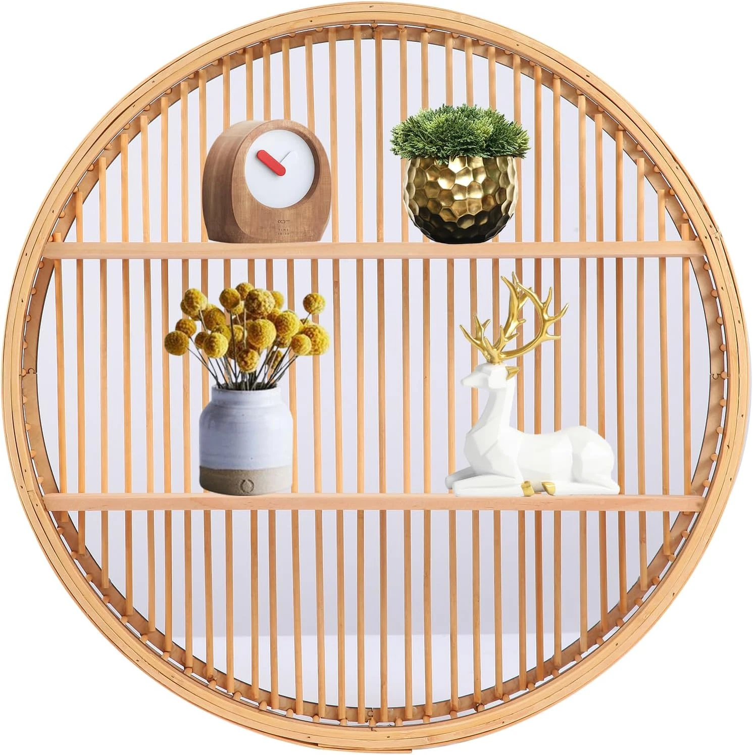 2-Tier Round Bamboo Floating Wall Shelf for Home Decor & Storage 19"x19"x4