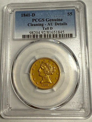 1841-D DAHLONEGA $5 Gold half Eagle. Tall D Mintage 29,392. PCGS AU detail #ma2d