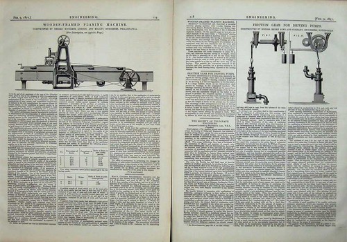 Alter antiker Druck 1877 Technik Reibzradantrieb Pumpen Hobel 19.