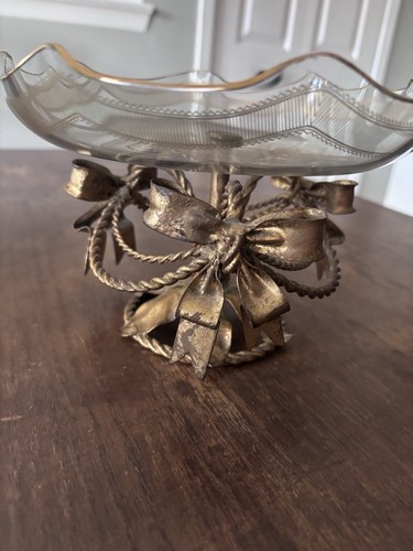 VTG MCM Italian Crystal Brass Gold Gilt Pedestal Bowl Regency Bows Roses 9"