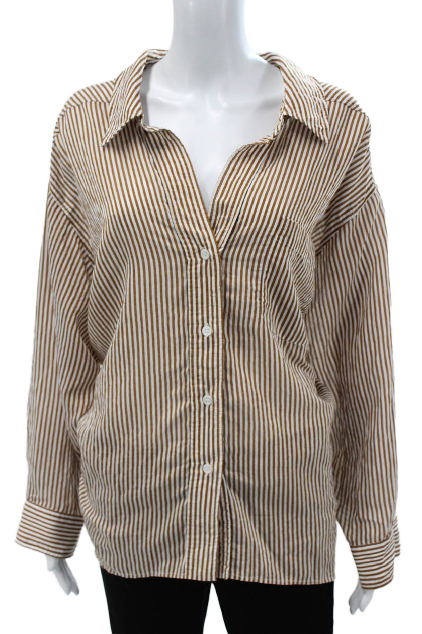 Zara Women Basic Brown Cotton Striped Collared Long Sleeve Button-Up Size SFree Shipping in US $100+ Orders | $6.95 Orders Below
