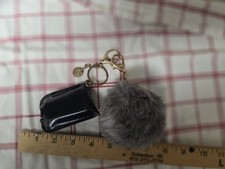 Grey Faux Fur Pom Pom Key Chain Purse Bag Charm With Extra Hand Sanitizer Case