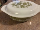 Vintage Pyrex Crazy Daisy Olive Green Spring Blossom 1 1/2 Qt Casserole Dish