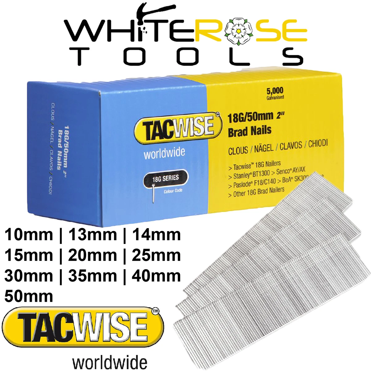 Tacwise Brad Nails 18 Gauge for Air Nail Guns 5000 Pack 10 50mm 18G All Sizes