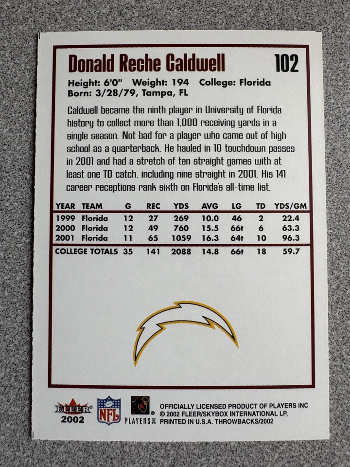 2002 Fleer Throwbacks Donald Reche Caldwell Rookie Card #102 San Diego Chargers - Image 2 of 2